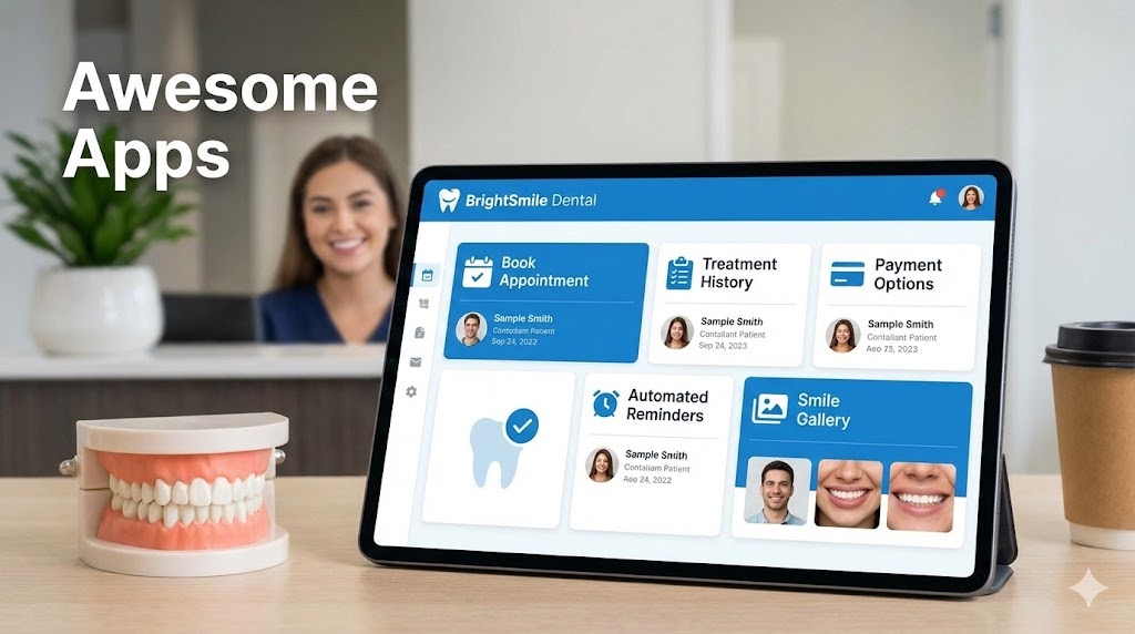 Dental practice app showing appointment scheduling and treatment history