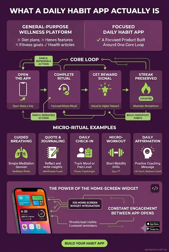 What a daily habit app actually is -- core loop, micro-ritual examples, and home-screen widget power