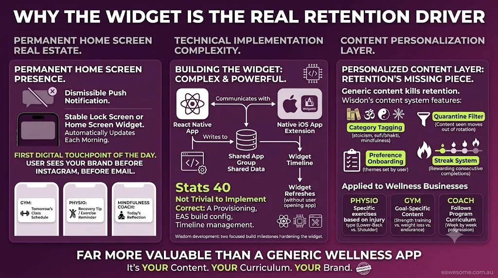 Why the iOS home-screen widget is the real retention driver -- permanent presence, technical architecture, and content personalisation